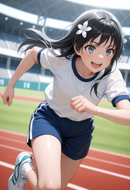 masterpiece,best quality,absurdres,highres,very aesthetic,high quality,detailed,insanely detailed,beautiful,perfect lighting, ,depth of field,blurry background,bokeh, outdoors, track and field, blurry background, running,, open mouth, sweat, motion blur, , running, stadium, sweat, full speed
<lora:Saten Ruiko illu:1>1girl, black hair, gym shorts, white shirt, long hair, hair flower, hair ornament, gym shirt, blue shorts, open mouth, sneakers, white socks, shoes, short sleeves, smile, blue eyes, :d,