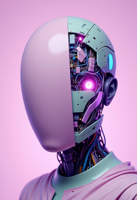 ajpasbot. The image features a highly detailed CGI artwork of a futuristic, humanoid robot head, resembling a sleek, mysterious figure that could be mistaken for a high-tech version of Batman. The head is split into two halves: the left half is smooth, matte pastel pink, reminiscent of a soft, sleek surface, while the right half is an intricate, chaotic array of glowing pastel neon shades of purple, mint green, and blue, blending into a dreamy, colorful mechanical structure. The contrast between the soft pastel surface and the vibrant, glitching neon highlights creates a sharp, high-tech look with a playful, ethereal vibe. The mechanical side of the head is filled with interlocking circuits, wires, and components, with pastel neon accents pulsing softly against the dark pastel backdrop. The robot’s face is serene and somewhat human-like, with glowing, faint pastel eyes that exude a calm, yet enigmatic presence. The mechanical half is densely packed with small, glowing components, creating a complex, dynamic structure. Scattered pastel neon orbs and small cylindrical components glow subtly in the misty pastel atmosphere, adding an air of mystery and wonder to the scene. The overall feel combines futuristic technology with a bright, imposing silhouette that echoes a hero from another world, softened by the pastel hues.