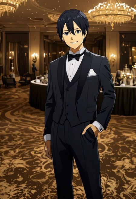 high resolution, professional photography, best quality, 1Boy, Kirigaya Kazuto, Black Hair, Black Eyes, overalldetail, ballroom, luxury hotel, tuxedo, smile, mysterious, confident, rich
