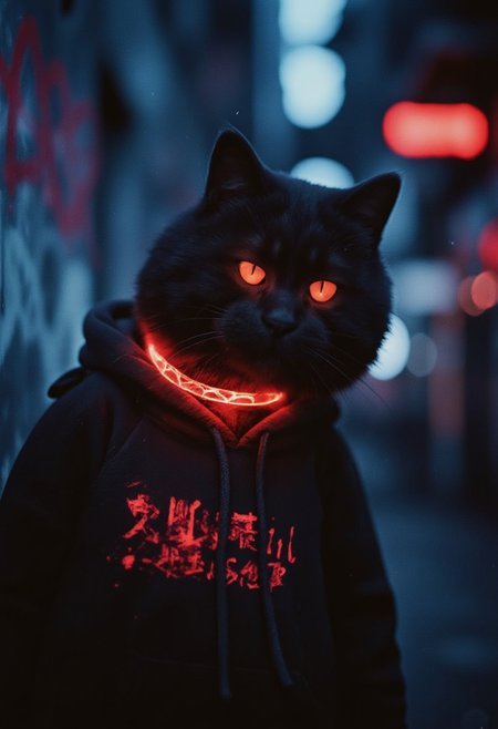 In a dark, neon-lit alleyway of a dystopian Neo-Tokyo, a fluffy, scruffy cat stands confidently, illuminated only by the glowing elements of its collar and accessories. With a playful tilt of its head, the cat exudes a laid-back, rebellious vibe. Its collar, adorned with glowing crimson designs, reflects faint, ethereal light that dances across the cat’s tousled fur.
The soft glow highlights the cat’s messy fur and the relaxed fit of its oversized hoodie, casting long, stark shadows against the grimy, graffiti-covered walls of the alley. The distant hum of neon signs and the echo of footsteps create a surreal atmosphere, enhancing the contrast between the glowing collar and the dark, atmospheric space. The cat's casual stance and the blend of playful attitude with the gritty, moody energy of Neo-Tokyo make for a captivating scene.