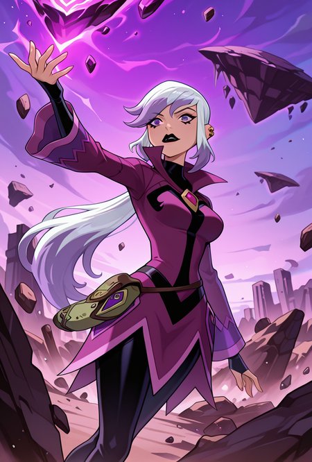 <lora:charmov:1> charmov, long hair, ponytail, , white hair,, 1girl, multicolored hair, purple eyes, ear piercing, two-tone hair, makeup, solo, long sleeves, black lips, purple jacket, long jacket, popped collar, facial expression, dynamic pose,,         <lora:Floating_Rocks-IL:1> r0cks, outdoors, rocks, floating rocks, floating islands, purple magic, destroyed city,, masterpiece, best quality, amazing quality, very aesthetic, absurdres, newest,