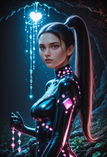 score_9,score_8_up,score_7_up, sorce_real, 8k, hd, (1 girl, brown eyes, high ponytail, bioluminescent latex suit, seij, <lora:Seij-000001:1>), cute and mischievous, black suit, purple details, neon colored glowing particles in the black skin, black skin with neon pink bioluminescence, cinematic light, looking at viewer, dark, night, mysterious atmosphere, floating hearts, beautiful  creatures, flies through a dark stalactite cave at night, bioluminescent icicles on the walls, everything is shrouded in darkness.  <lora:SDXLFaeTastic2400:0.3>, cave by Jed-Cosmos  <lora:Jed-Cosmos-sdxl:0.3>  <lora:ral-swarcrystl-sdxl:0.7> multicolored gemstones made of ral-swarcrystl, black gloves with glowing jewels, side view