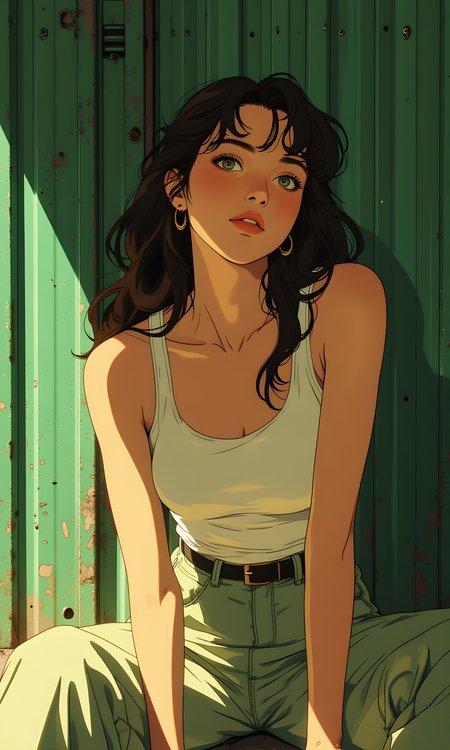 A casual and stylish scene featuring a woman sitting on the ground in front of a green, corrugated metal wall. The camera is positioned at eye level, providing a direct and engaging perspective of the subject. The angle is slightly angled to her left, allowing for a clear view of her face and the surrounding environment.
The lighting in the image is soft and natural, likely from sunlight coming through an open area or window. The light type appears to be natural daylight, which creates a warm and inviting atmosphere. The light direction is from above, casting gentle shadows that highlight the contours of her face and the texture of her clothing.
The woman is looking directly at the camera, making eye contact with the viewer. Her expression is calm and composed, adding to the overall sense of tranquility and connection. She has long, straight hair that falls loosely around her shoulders, adding to the relaxed and casual feel of the scene.
She is wearing a white tank top paired with light green pants, which create a balanced and stylish outfit. Her pose is relaxed yet confident, with her legs crossed and her hands resting on her knees. The background features a weathered green wall, which adds a touch of urban charm to the setting.
The overall mood of the image is one of simplicity and elegance, capturing a moment of quiet beauty and style. The combination of the woman's outfit, the natural lighting, and the urban backdrop creates a visually appealing and memorable photograph.
BREAK anime, d13s3lp2nk, bboil artist style, OBdonman, Anime art, <lora:FLUX\Anime Art V3:0.2>, <lora:FLUX\Synesthesia:0.2>, <lora:FLUX\RetroAnimeS1.1:0.5>, <lora:FLUX\Flux-jijia:0.1>, <lora:FLUX\It's a LoRA for portraits, BUT! actually specialized in backgrounds. v1.0:0.1>, <lora:FLUX\GLSHS:0.2>, <lora:FLUX\Dieselpunk Delight - s0_9 g4:0.4>, <lora:FLUX\OBdonman, anime0style portrait:0.1>