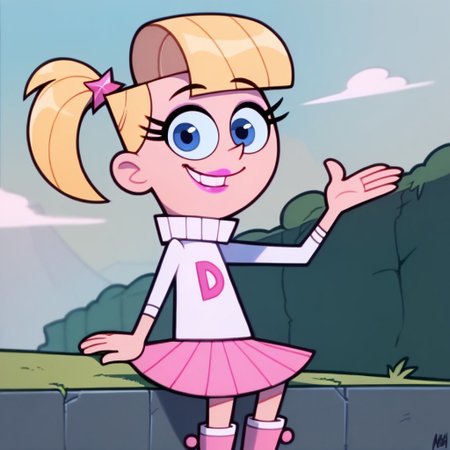 score_9, score_8_up, score_7_up BREAK VeroFOP, 1girl, blonde hair, blue eyes, ponytail, pink lipstick, long-sleeve white turtleneck sweater with D-logo, pleated pink skirt, pink white boots, smiling at viewer, solo, solo focus, school outdoors, school background,