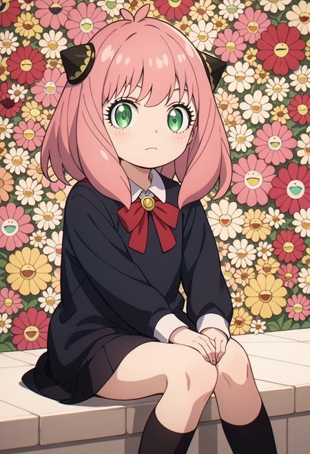 score_9, 
score_8_up, 
score_7_up, 
score_6_up, 
1girl,
solo,
anya_(spy_x_family) ,
anya forger, bangs, green eyes, pink hair, ahoge, hair ornament, hairpods, child, female child,
long sleeves, dress, school uniform, socks, black dress, eden academy school uniform,
sitting,
hugging own legs, 
multicolor,
flat color,
no lineart,
flower,
flower background,
