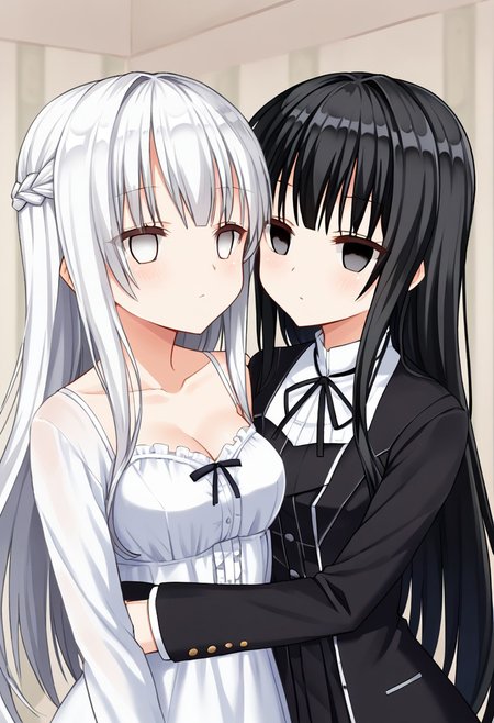 anime, two girls, close up, empty eyes, hypnotized, black eyes, white eyes, black hair, white hair, long hair, twins, dress