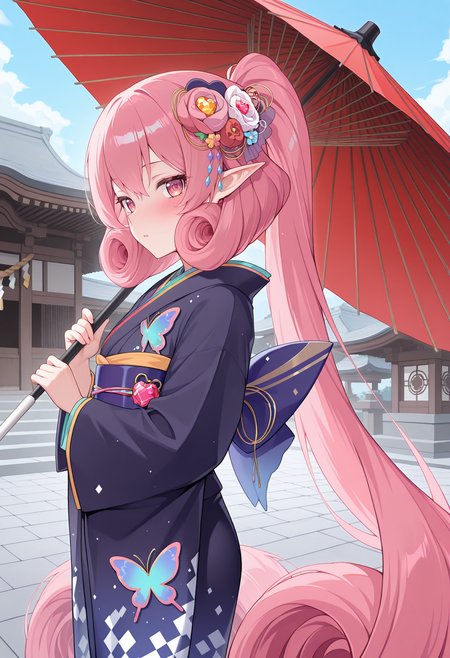 pcrneneka, pink hair, pointy ears, very long hair, curly hair, pink eyes, outdoors, blue sky, new year, temple, nnknewyear, ponytail, hair flower, gem, kimono, print kimono, butterfly print, obi, sash, umbrella, holding umbrella, from side, standing, blush, looking at viewer, highres, best quality, masterpiece,
1girl, solo,
<lora:_neneka_pcr-elesico-ilxlA:1>
