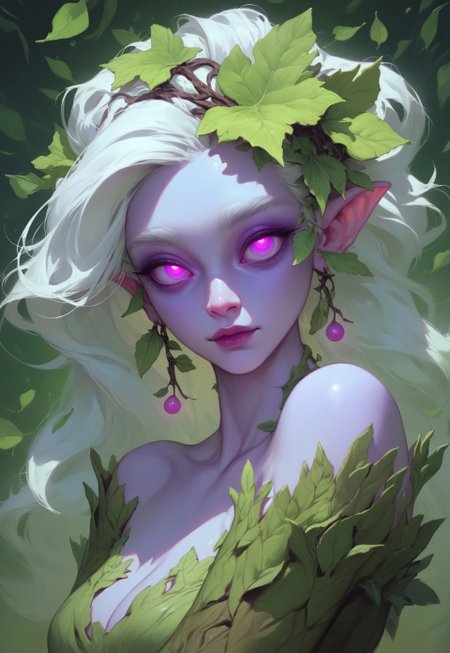 score_9,score_8_up,score_7_up, 

1girl, dryad,
 leaf hair, 
white hair,  
glowing  pink eyes, 
 purple eyes, 
flat colour eyes, 
mature, 