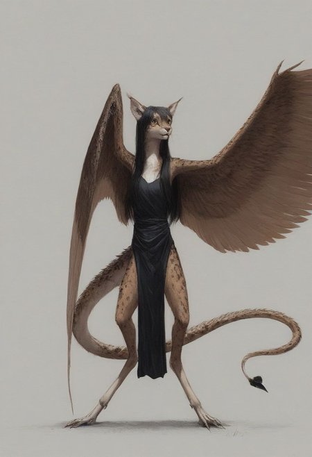 [creature name: Palagiri]
1 person, harpy, ((no arms, wings only)):1.6, androgynous, flat chest, no breasts, anthro, ((long hair)), ((long toes, nimble toes, handfeet)):1.4,, dynamic pose, detailed face, fully clothed, pelvic curtain skirt, feline features, feline nose, feline ears, ((thick tail, tapering tail, feather tipped tail)), harpy:1.2, large wings, digitigrade legs, rating: safe