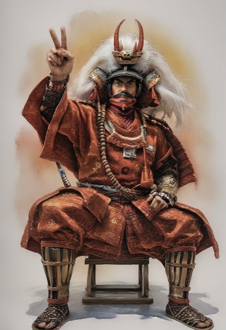 score_9,score_8_up,score_7_up,
Male illustration,50 years old,mature man,ambitious,wide-eyed,piercing gaze,distinguished,intelligent,strategist,military strategist,intimidating,chubby but muscular,Japanese samurai,16th century,dramatic lighting,high contrast,decorative,atmospheric,haunting beauty,texture,(dynamic angle),round face,black,gray,red,blue,
splash art,highly detailed illustration,trending on Artstation,paint smor,plashes,perfect composition,watercolor,sharp focus,intricate details,highly detailed,
from front,sitting,from below,wide stance,White background,mustache (1.3),windy,dynamic pose,dynamic angle,arrmor,posing,big eyes,big hace,
Watercolor,<lora:BDpony_TakedaShingen_V1:0.9>,Takeda Shingen,hold katana,spread legs,
<lora:Midjourney_5:0.6>,<lora:WaterColorV3:0.8>,<lora:shogi_epoch_25:0.7>,shogi,sitting on shogi,(((hands up))),(waving hands),[[outstretched arms]],[outstretched hand],(((peace sign))),