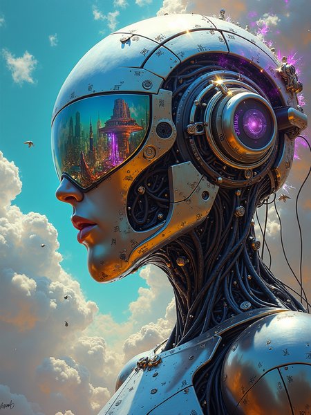 The painting is rendered in a mind-bending hyperrealistic sci-fi style. The brushstrokes are so fine that they seem to disappear, creating a seamless and almost photographic quality. The colors are a vivid explosion of iridescent hues and metallic tones, with a hint of neon glow. The texture is a complex combination of smooth surfaces and intricate patterns that seem to shift and change depending on the light.
Scene Description: In the center of the painting looms a colossal robotic being, its upper body in a powerful half-portrait view. The robot's body is a fusion of advanced alloys and energy fields, with a sleek and imposing design. Its face is a transparent, multi-faceted visor that reflects a kaleidoscope of complex and fantastical future landscapes. Some of these landscapes are pulsating cityscapes filled with towering crystalline structures and floating platforms. Others are alien worlds with strange bioluminescent flora and fauna. The robot's body is adorned with intricate runes and symbols that seem to glow with an inner power. Surrounding the robot are fragments of shattered glass-like panels that refract and distort the light, creating a mesmerizing play of colors and shapes. Each panel shows a different fragment of a surreal and otherworldly scene, from a cosmic storm to a time-traveling portal.
Composition: The robot is the dominant force in the frame, its massive presence creating a sense of awe and wonder. The fragmented panels are arranged in a dynamic pattern around the robot, leading the eye in a circular motion and adding to the sense of mystery. The composition is asymmetrical and full of tension, with no clear center but a constant flow of energy.
Color Palette: The colors are a vivid mix of electric blues, purples, and greens, with accents of gold and silver. The robot's body is a combination of metallic tones and iridescent hues, while the panels reflect a rainbow of colors. The overall effect is a visual feast that challenges the imagination.
Light and Shadow: A soft, otherworldly light emanates from the robot and the panels, casting a gentle glow and creating long, dramatic shadows. The light seems to bend and refract around the surfaces, adding to the surreal atmosphere. The shadows are deep and mysterious, hinting at hidden depths and unknown powers.
Detail: Every inch of the painting is a masterpiece of detail. The robot's body is covered in minute patterns and textures, from the microscopic circuitry on its surface to the complex mechanisms within. The visor reflects a world of infinite detail, with every building, creature, and phenomenon clearly defined. The fragmented panels are filled with intricate scenes that seem to tell a story of their own, inviting the viewer to explore and discover.