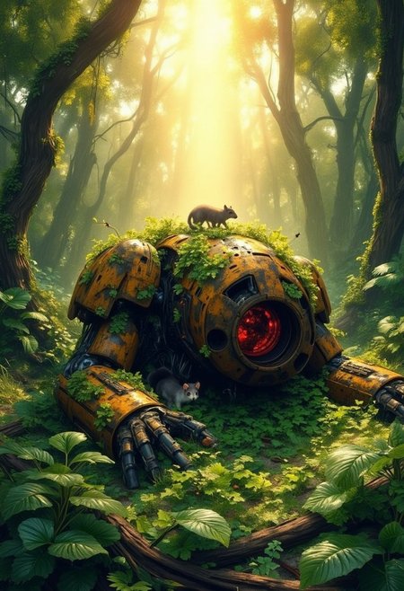 Green_Ruinji, The image is a digital illustration of a mysterious and eerie scene in a forest. The focal point of the image is an old, rusted Mechwarrior that is lying on its side in the middle of the frame. The Mechwarrior is covered in green and yellow leaves, giving it an aged and weathered appearance. There still is a Sim Red glow from The INSIDE of The Mechwarrior. The background is filled with tall trees and ferns, creating a dense canopy of greenery. A bright light is shining through the trees, casting a warm glow on the scene. A small animal can be seen peeking out from behind the Merchwarrior, adding to the eerie atmosphere. The overall mood of the illustration is eerie and mysterious