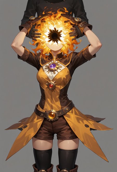 score_9, score_8_up, score_7_up,
lord_of_frenzy, fire head,
novakin, faceless, no eyes, no mouth, no nose, no facial features, short fiery yellow orange hair, body made of black plasma,
open hands, hands on face front,
hands on own head, 
upside-down, backflip,
magical girl outfit, (steampunk dress:1.1), boots, (brown shorts:1.1), black tights, medium breasts, belt, gloves, 
simple background, grey background,