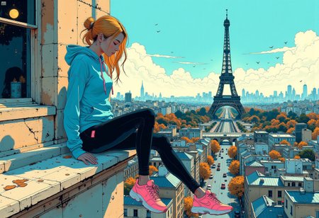 A dynamic anime-style illustration of a glamour woman sitting on the edge of a building in paris, overlooking the eiffel tower, high above the city. She has her legs stretched forward with her hands gently resting on her knees, her upper body leaning slightly forward. She wears a bright blue hoodie, black leggings, and vibrant pink sneakers with white soles. Her golden blonde hair flows naturally in the breeze.
The background features a vivid urban cityscape seen from an extreme height, with detailed skyscrapers, small cars, and bustling streets far below. The perspective emphasizes depth and height, creating a thrilling and adventurous atmosphere. The color scheme is dominated by bright blue and pink tones, with no orange elements.
The sunlight casts soft, warm shadows, enhancing the vibrant and energetic mood. The overall composition is dynamic and asymmetrical, with a strong sense of scale and movement in the scene.
<lora:Anime v1.3:1.2> <lora:Blue_Future:0.9>