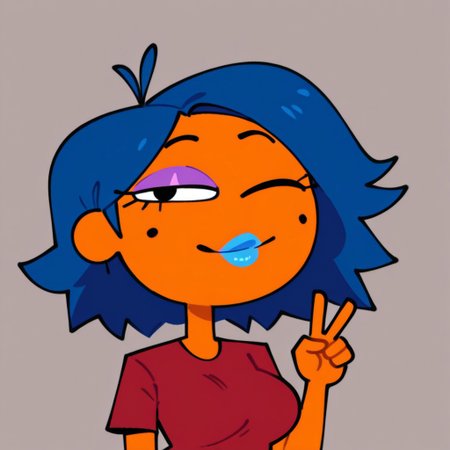 Shebby, female, beauty mark, orange skin, lipstick, 1girl, solo, mole, red shirt, blue hair, v, wink