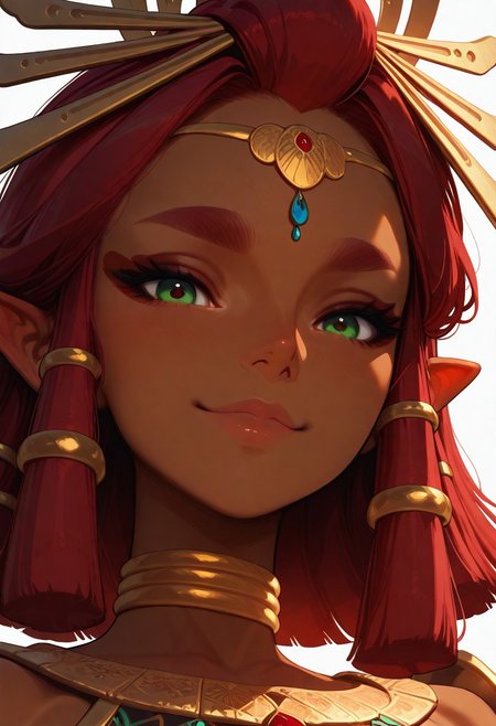 masterpiece, best quality, amazing quality, very aesthetic
Artist : Tsuaii, Artist : Incase, flat colors, portrait, face focus, close up, smile, looking at viewer,
zzRiju, green eyes, red hair, pointy ears, dark skin, hair tubes, 
(neutral white background), dynamic lighting,