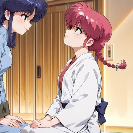 masterpiece,best quality,amazing quality,very aesthetic,absurdres,newest, huge filesize,
<lora:spo_sdxl_10ep_4k-data_lora_webui:0.5>,
<lora:add-detail-xl:1>
1girl ranma, long_hair,red_hair, braided_ponytail, green eyes, sitting female,
1girl akane, low-tied_long_hair, sidelocks, blue_hair, hair_bow,  brown_eyes
 (from side,side view), seductive smile, 
open clothes,  looking each other, looking up, focus on face, head at center of frame