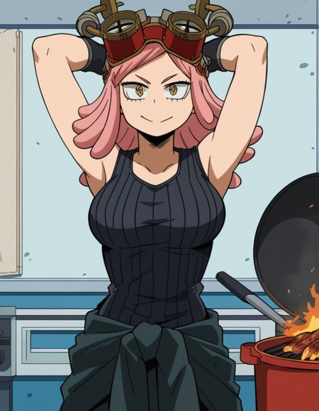 score_9, score_8_up, score_7_up, source_anime, <lora:mei-hatsume-s3-ponyxl-lora-nochekaiser:1>, mei hatsume, yellow eyes, pink hair, medium hair, symbol-shaped pupils, large breasts,, gloves, sleeveless, black gloves, tank top, goggles, goggles on head, partially fingerless gloves, clothes around waist, ribbed shirt,, backyard, barbecue, grilling, laughter, summer evening, , hands behind head,, looking at viewer, solo,, dutch angle, cowboy shot