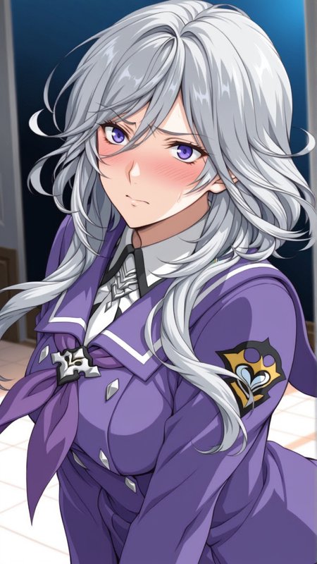 source_anime, general, best quality, masterpiece, 1girl, <lora:Ziony_Regis_ill_v1.0:1> ziony_regis\(srw\),blue eyes, white hair,grey hair, purple eyes,long hair,serafuku,embarrassed,   dynamic pose, dutch angle,