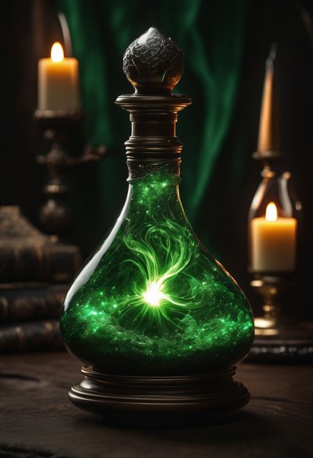 Score_9, Score_8_up, Score_7_up, Score_6_up, Score_5_up, Score_4_up, high_def, highest quality, 4k, best quality, masterpiece, focused, defined, (Photorealistic magic potion:1.3), intricate glass bottle, elixir, dark green colors, pine green, bubbling, ethereal light, flashy lights, magic lights, luminous, dynamic reflections, magical aura, highly detailed, fantasy essence, glowing particles, radiant aura, A3THER