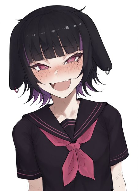 <lora:nabibutterILLUS:1> nabibutter,,
(masterpiece), (best quality), (ultra-detailed), amazing quality, very aesthetic, illustration, perfect composition, intricate details, absurdres, incredibly absurdres, shiny skin, realistic,
dynamic pose, perspective, nabibutter, animal ears, black hair, skin fang, freckles, simple background, school uniform, open mouth, red neckerchief, smile, 1girl, short hair, white background, black sailor collar, looking at viewer, blush, black serafuku, upper body, short sleeves, pink eyes, ear piercing, purple hair, blunt bangs, black shirt, multicolored hair, pink neckerchief, :d