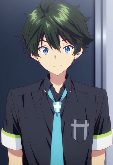 masterpiece,best quality,amazing quality, source_anime, 
HaruhikoIchijo, 1boy, male focus, solo, blue eyes, green hair, school uniform, shirt, black shirt, collared shirt, necktie, blue necktie, short sleeves, smile,