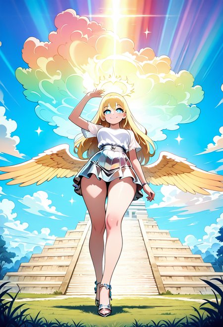 masterpiece, best quality, solo, curvy, beautiful eyes, narrow waist, wide hips, 1girl, solo, smile, looking at viewer, dynamic angle, foreshortening, close up,     Ch1chen, flower, day, blue sky, grass, stairs,  ,<lora:ChichenItza_IXL_v1:1.0>,  [Cloudcore Angel], translucent white blouse with flowing ruffles, silver mini skirt with sparkle mesh, glowing halo accessory, soft wings, iridescent heels; floating among surreal clouds with a pastel rainbow sky, dreamy sunrays casting ethereal glow, serene and divine expression,