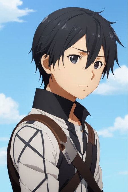 high resolution, solo, best quality, 1Boy, Kazuto Kirigaya, portraits, Black Hair, Black Eyes, free fall, sky , OverallDetail