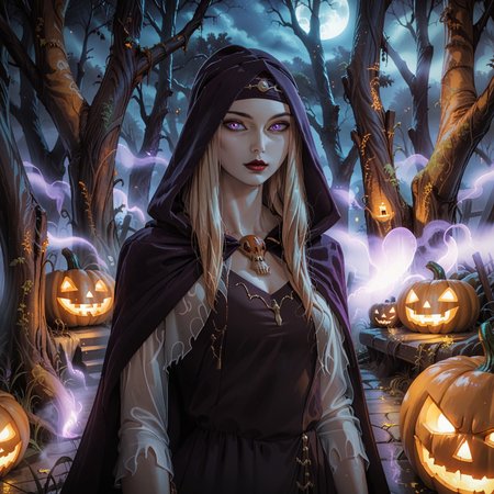 source_anime, source_game, score_9, score_7_up, 41L353iDK0N4, 1girl, blonde hair, long hair, sidelocks, pale skin, cheekbones, red lips, purple eyes, hooded_cloak, dress, pendant, necklace, headband, fog, dark, night, haze, scenery, forest, detailed,  detailed background, jack-o'-lantern, Halloween, green glow, orange glow,