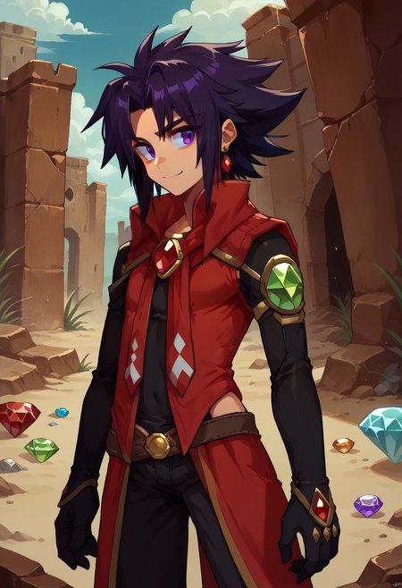 score_9, score_8_up, score_7_up, chaoes emerald, gemstone, gem, red gemstone, gemstones, green gemstone, blue gemstone, <lora:ChaosEmeraldSurrounded_pdxl_Incrs_v1:1>,  ruins,desert,earrings,jewelry ,revin,western cowboy,1boy,leotard,spiked_hair,black_hair,purple eyes,smile,<lora:revin_brenten:0.9>