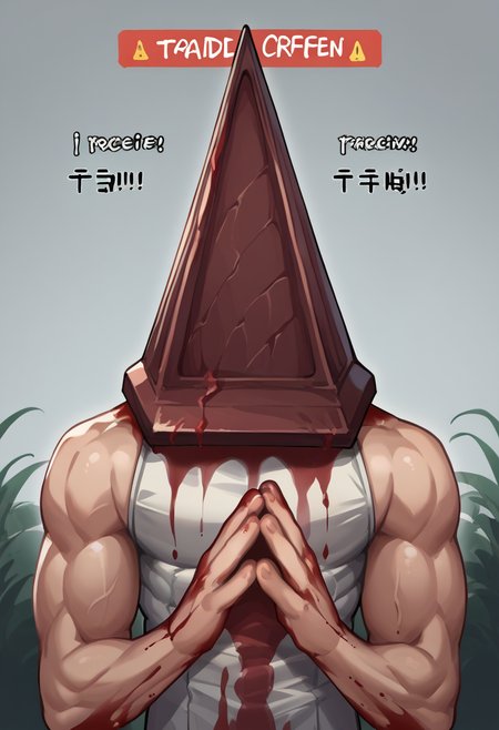 score_9, score_8_up, source_anime, 1boy, muscular, PyramidHead, helmet, white coat, sleeveless, blood on clothes, <lora:ChamPyramidHeadPonyXL:1> <lora:TradeOfferMeme_XLPD:1.2> TradeOfferMeme, own hands together, upper body