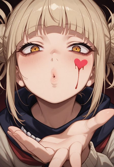 masterpiece, by piaki,  best quality, very detailed, 
1 girl,  Toga Himiko, blonde hair, crazy eyes, insane, fully clothed, 
indoor, bedroom, 
Close-up, mouth focus, very close-up, blood on face, extremly close-up, looking at viewer, 
blowing kiss, heart, puckered lips, o3o