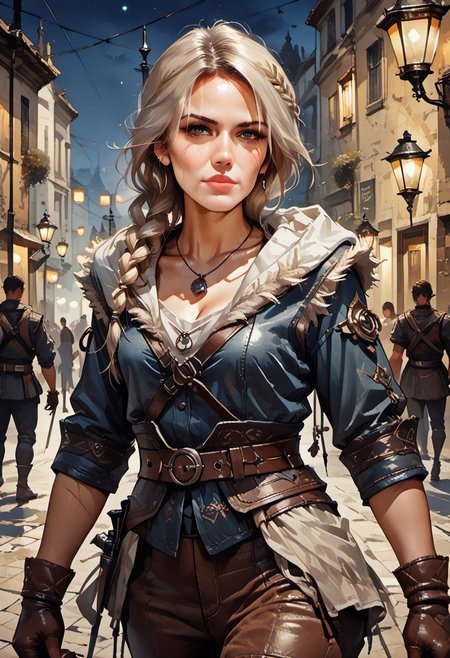 score_9, score_8_up, score_7_up, (zPDXL3), female, face portrait, concept art, realistic,
1girl, solo, mature woman, cw4, 1girl, white hair, green eyes, scar, long hair, hair over shoulder, braid, single braid, hair ornament, scar, scar on face, scar across eye, lips, closed mouth, armor, slim waist, breasts, medium breasts,  sheathed, sheath, leather, pauldrons, fur trim, gloves, brown gloves, pants, brown pants, pouch, belt, boots, jewelry, necklace, hood, hood down, weapon, weapon on back, sword, sword behind back, ethereal beauty, looking at viewer, fantasy city street, night, lanterns, beautiful, cowboy shot, sexy, cocked hip,