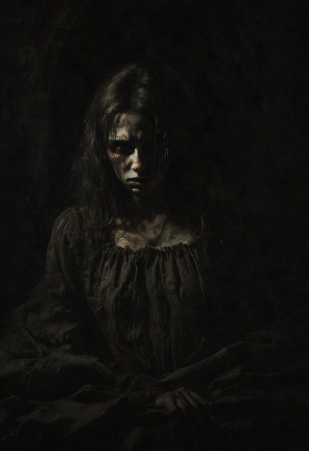Satanic darkness. Exorcist, a girl possessed by a devil tied to a bed, a distorted face from pain and hatred, thick strokes, impasto, Albrecht Durer, Rembrandt, Baroque art, alla prima, sfumato, chiaroscuro, intense light, glare, synthwave