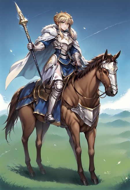 score_9,score_8_up,score_7_up,best quality,masterpiece,super detailed,extreme detailed,full_body,zPDXL BREAK (nature:1.1),(field:1.1),
<lora:Pony_DetailV2.0:1> BREAK 1girl,huge breasts,Cavalier,horse,horseback riding,holding spear,<lora:Cavalier-v2-pony:0.8> BREAK long hair,blonde hair,yellow eyes,sidelocks,single hair bun,french braid,crown,blue dress,armor,plate armor,gauntlets,greaves,thighhighs,white cape,fur-trimmed cape,<lora:titoria:1>,rhongomyniad \(fate\),