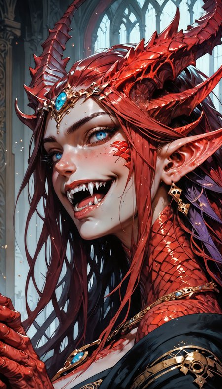 score_9, score_8_up, score_7_up,  monster girl, very beautiful, wizard, black robe, red trim, long hair, horns, scales, f4ng, small fangs, fangs, blue and purple gradient skin, gold, jewelry, in a palace, sitting on throne, close-up, blue eyes, full body,  <lora:Expressive_H-000001:0.8>, expressiveH       <lora:Fant5yP0ny:0.9> <lora:Pony_DetailV1.0:0.9> <lora:f4ngXLP:0.7>