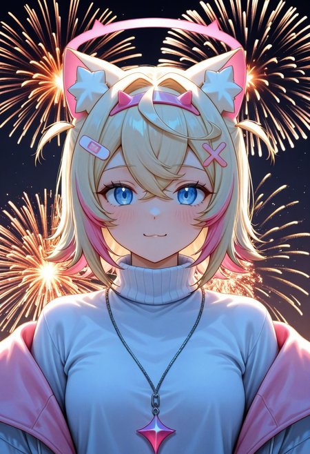 d_up, 1girl, mococo abyssgard, blonde hair, pink hair, blue eyes, earphones, multicolored hair, medium hair, shirt, turtleneck, sweater, long sleeves, turtleneck sweater, jacket, glitch, upper body, abstract background, white shirt, halo, fireworks, looking at the viewer, cute, d2j3m0x