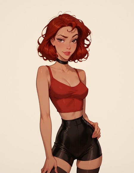 <lora:Disney_Style:.9> <lora:princess_xl_v2:.75> <lora:add-detail-xl:.9> <lora:g0th1cPXL:.3> <lora:Cherry-Gig:.45> <lora:Expressive_H:1> <lora:PLASTT_PonyV6:1>
score_9, score_8_up, score_7_up, zPDXL, DisneyRenstyle, score_9,score_8_up,score_7_up,score_6_up, 
white background, plain background, ambient lighting, standing, 3/4 view,
adult woman, 1girl, close-up, skinny, sexy 18year old, beautiful, sexy, slender, narrow waist, narrow eyes, adorable eyes, messy hair, red hair, short hair, brown eyes, teasing, lips parted, naughty face, raised eyebrow, red tanktop, red bike shorts, perky breasts, relaxed breasts, black choker, black thighhighs, legs apart, perfect hands, 5 fingers, one hand on hip,