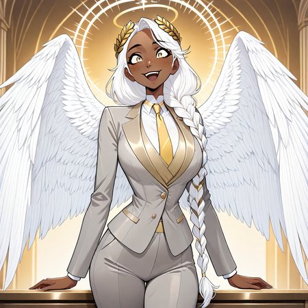 masterpiece, best quality, newest, absurdres, highres, GABV2.0, 1girl, dark skin, dark-skinned female, grey suit, official attire, official clothes, nectie, yellow necktie, white hair, long hair, braid, single braid, angel, angel girl, halo, wings, angel wings, golden eyes, laurel crown, freckles,