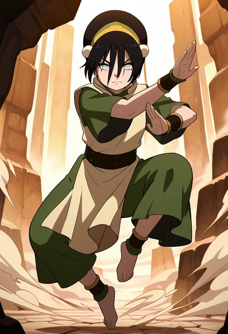 masterpiece, best quality, 1girl, solo,   zzToph, grey eyes, blind, short hair, black hair, hair between eyes, yellow hairband, green chinese clothes, wristbands, barefoot, martial arts, earthbending, rocks floating, dynamic pose, dust cloud, ruined arena, golden hour, intense expression  Toph stands firm at the center of a shattered arena, stone shards suspended in midair around her like orbiting moons. With one foot forward and hands raised, she reads the world through vibrations alone, her blind eyes glowing with fierce determination. The ground cracks beneath her power as she bends a wall of earth to shield against an unseen opponent. Shafts of golden sunlight pierce the dust swirling around her, illuminating her silhouette like a legendary figure of myth.     , <lora:TophAvatar_IXL:1.0>,