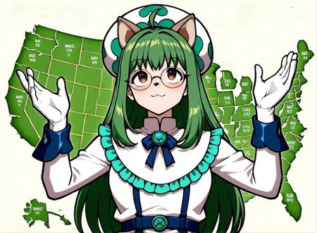 masterpiece,best quality,amazing quality,very aesthetic,absurdres,newest, huge filesize,
<lora:spo_sdxl_10ep_4k-data_lora_webui:0.5>,
map, (united states), outstretched arms, upper body, green map background, white background, english text, <lora:JebWinsMeme_illusXL_Incrs_v1:1>, 1boy, looking up, seductive smile,
BREAK
<lora:cheadle_yorkshire_XL-bf16-pony-v1:0.7>cheadle_yorkshire, frilled dress,circle  hat,  green hair,  frilled dress, 
cheadle yorkshire(hunter x hunter)  , dog girl, glasses,  dog nose,yorkshire face, long sleeves,  white dress, white gloves,  cat ear, ahoge,