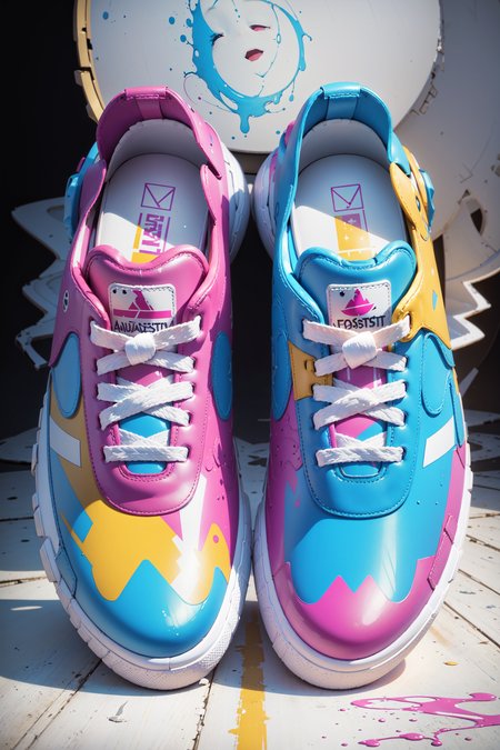 ((best quality, masterpiece, absurdres, super-resolution)), Sneaker Design, CMYK, Cyan, Yellow, Magenta, White, <lora:CMYK-CORE_v1.0:0.7>