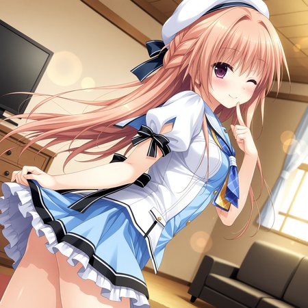 <lora:Hatsuhime_Iroha_1_nai-000043:1>,Hatsuhime Iroha,
white beret,hat ribbon,school uniform,white jacket,collared jacket,puffy short sleeves,sleeve ribbon,black ribbon,blue neckerchief,yellow neckerchief,sailor collar,blue shirt,blue skirt,frilled skirt,miniskirt,
BREAK
1girl,solo,one eye closed,looking at viewer,indoors,skirt lift,smile,blush,living room,lens_flare,dutch angle,finger to mouth,from side,depth of field,
