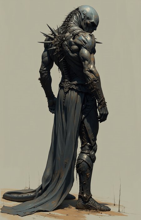 backsite of a human with a long spiky metal tail and  metal spikes attached to the spine   <lora:- Flux1 - vanta_black_V2.0:1>