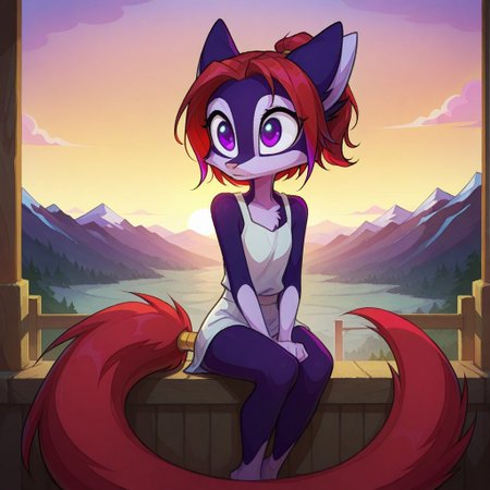 Dreamkeepers,Indi_and_Digo,1girl,solo,furry,tail,source_furry,,red hair,purple fur, purple eyes,
child, kid, , intricate linework with expressive contrasts, soft lighting with dynamic highlights,  sitting in front of a tori gate at the top of a mountain, overlooking wooded hills, landscape, sunset. Impressionistic, ligne claire outlines for clarity and structure, In the style of ff-td