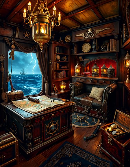 <lora:Captain_c4b1n:1>,Captain c4b1n
A richly detailed pirate captain's cabin aboard an 18th-century wooden ship. The room is dimly lit by flickering candlelight and a hanging oil lantern, casting warm golden glows on the dark oak walls. An ornate wooden desk sits at the center, covered with ancient, weathered maps, a golden compass, and scattered quills with ink bottles. A large, curved window at the back reveals the vast ocean under a moody, cloudy sky, with faint moonlight seeping in.
To the right, a massive wooden bookshelf filled with leather-bound books, nautical charts, and mysterious artifacts, some covered in dust. On the left, a polished mahogany chest with intricate carvings, partially open, revealing gold coins and shimmering gemstones. A grand captain's chair, upholstered in deep red velvet, sits behind the desk, exuding authority and power.
The wooden floor is rugged and slightly uneven, adorned with an old tattered rug. A cutlass and a flintlock pistol rest casually on the desk, while a pirate hat with a large feather hangs on the wall beside a mounted shipâs wheel. The atmosphere is both eerie and majestic, evoking the spirit of adventure and the mysteries of the sea.
<lora:SDXLFaeTastic2400:0.4> <lora:extremely_detailed:0.4> extremely detailed, Masterpiece,best quality,hi res,8k,hi res,8k,award winning,(sharp focus, intricate, highly detailed),