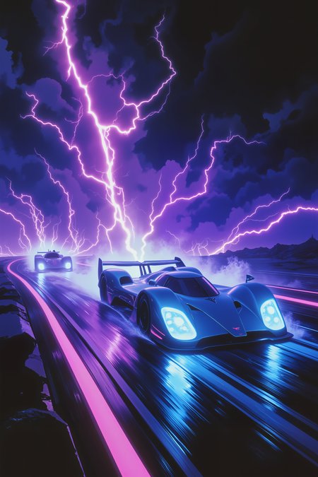 A futuristic racecar, sleek and metallic, speeds down a neon-lit highway as bolts of electric-blue lightning strike all around it. The tires leave behind glowing streaks of light, crackling with raw energy as if the car itself is charged with untamed power. The sky above is a swirling storm of deep purples and blacks, jagged lightning illuminating the ominous clouds. In the distance, ghostly silhouettes of rival racers emerge from the storm, their headlights piercing through the chaos..ovg, arsmoviestill, dndgr41nyb0yz style, <lora:detailed_v2_flux_ntc:0.92><lora:80sFantasyMovieV3Flux:0.92><lora:DND_GRAINYBOYZ_FG_FLUX_V2_ROMULUS_Lora:0.48>