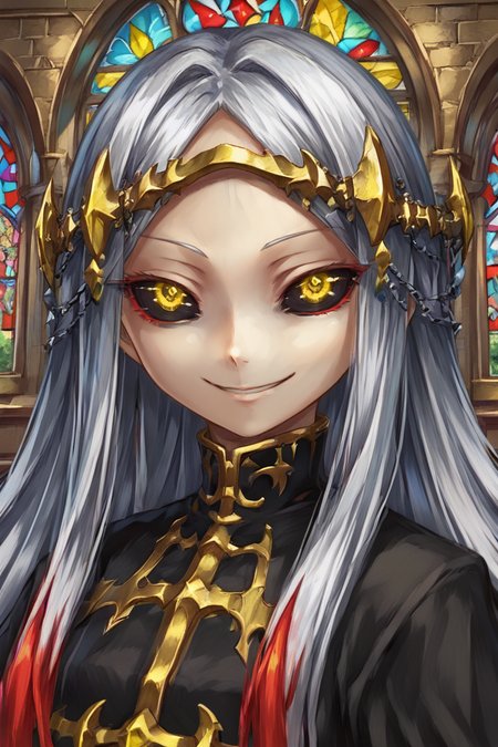 score_9, score_8_up, score_7_up, source anime, BREAK, <lora:Maxwell:0.75> , mxwdef, 1girl, colored sclera, black sclera, yellow eyes, white hair, long hair, multicolored hair, (red highlights), circlet, black dress, (face, close-up), looking at viewer, scenery, interior, <lora:backgroundsetXL:0.2> , background, (solo), smile,  <lora:cr33pp41ntXLP:0.6> , cr33pp41nt, <lora:churchXLP:0.2> , stained glass, church, arch,