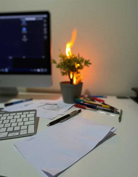 A photo of a neat desk, with a few pens, pencils, and papers scattered across its surface. A small potted tree can be seen on fire in the background., <lora:amateurphoto-v5-14-15-1-1:0.4> <lora:Another_Amateur_Lora:0.4> <lora:Phlux:0.4> <lora:UltraRealistic_Lora_Project:0.4>