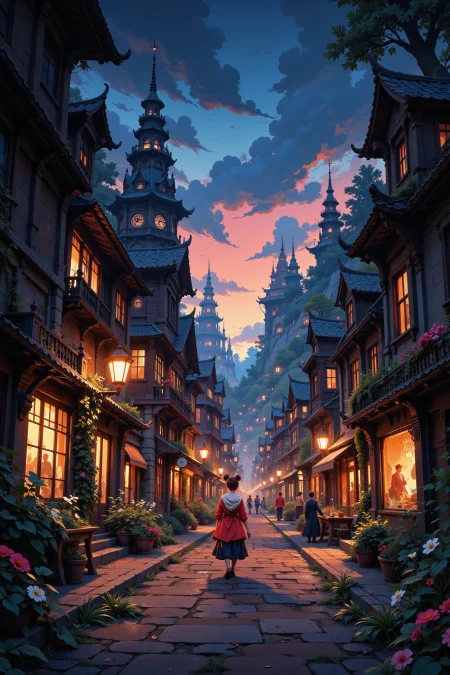 a fantasy street with magicians beautiful  anime landscape, evening, woman, very intricate, very detailed, sharp, bright, colorful, <lora:Hand v2:0.5> <lora:Anti-Blur:1><lora:Insane Detail Slider:0.25>  <lora:flux.1_lora_flyway_Epic-detail_v2:0.3> <lora:fluxenhancer:0.25> <lora:ROWER:0.6> <lora:Niji Anime Scenic:0.8>